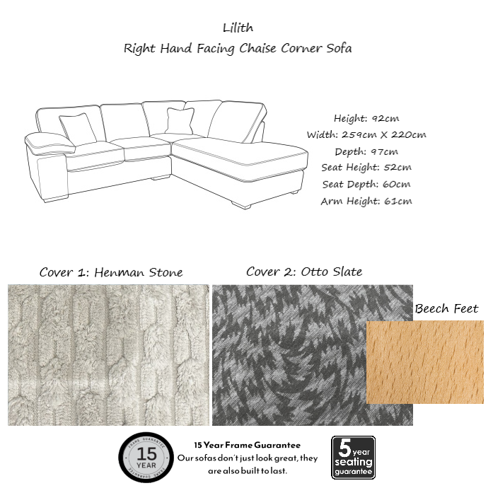 Lilith Fabric Chaise Corner Sofa - Choice Of Fabrics & Feet - Interior Envy