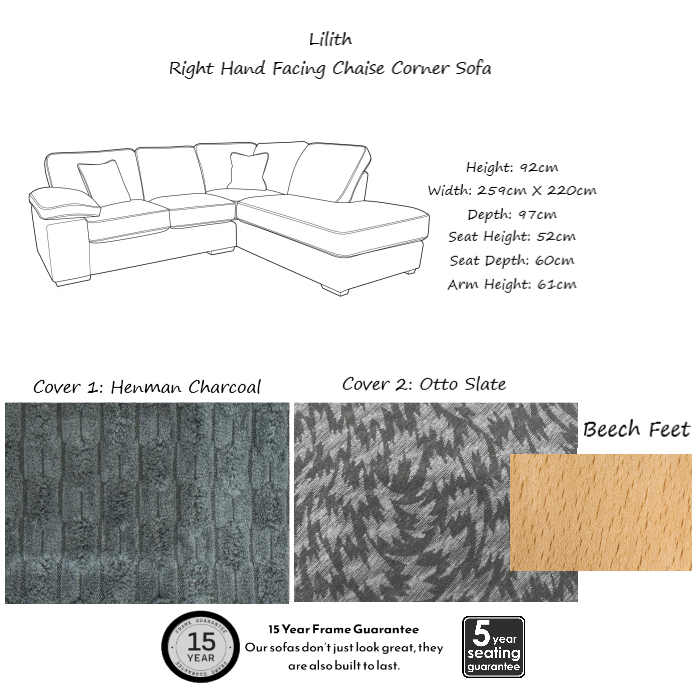 Lilith Fabric Chaise Corner Sofa - Choice Of Fabrics & Feet - Interior Envy