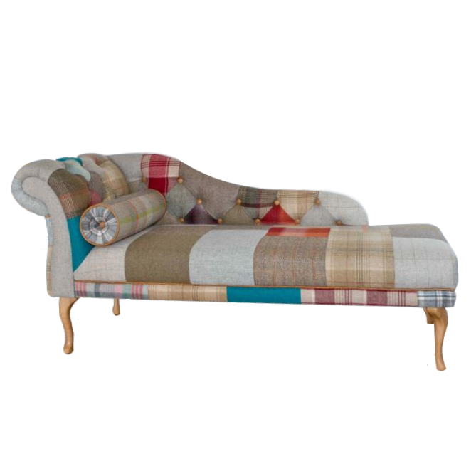 Vintage Leather, Harris Tweed & Moon Wool Patchwork Button Back Chaise Lounge - Interior Envy