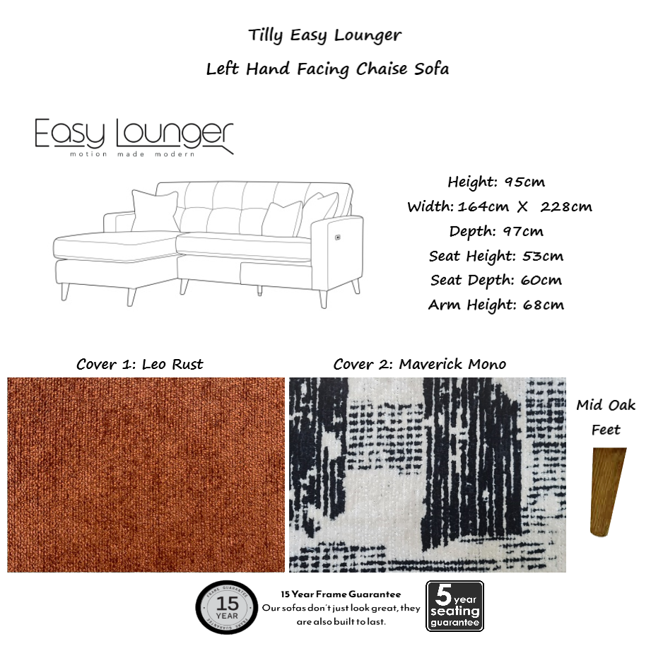 Tilly Easy Lounger Chaise Sofa Power Recliner With Intergrated USB/USB-C charging port.