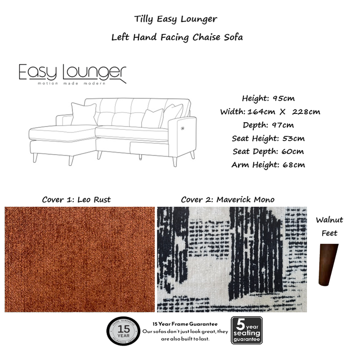 Tilly Easy Lounger Chaise Sofa Power Recliner With Intergrated USB/USB-C charging port.