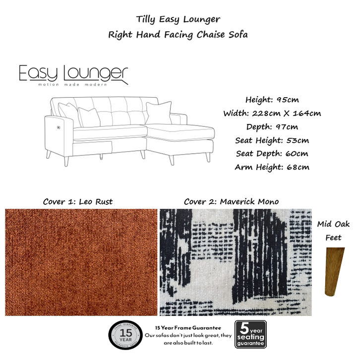 Tilly Easy Lounger Chaise Sofa Power Recliner With Intergrated USB/USB-C charging port.