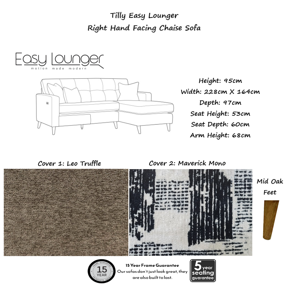 Tilly Easy Lounger Chaise Sofa Power Recliner With Intergrated USB/USB-C charging port.