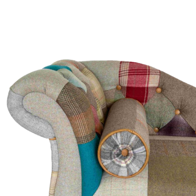 Vintage Leather, Harris Tweed & Moon Wool Patchwork Button Back Chaise Lounge - Interior Envy