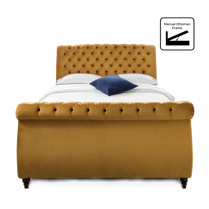 Sleigh Upholstered Bed Frame - Choice Of Standard Bed Frame Or Ottoman Storage, Sizes & Fabrics