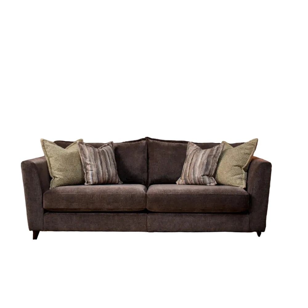 4-seater modular sofa with dark brown upholstery and green-and-gray cushions
