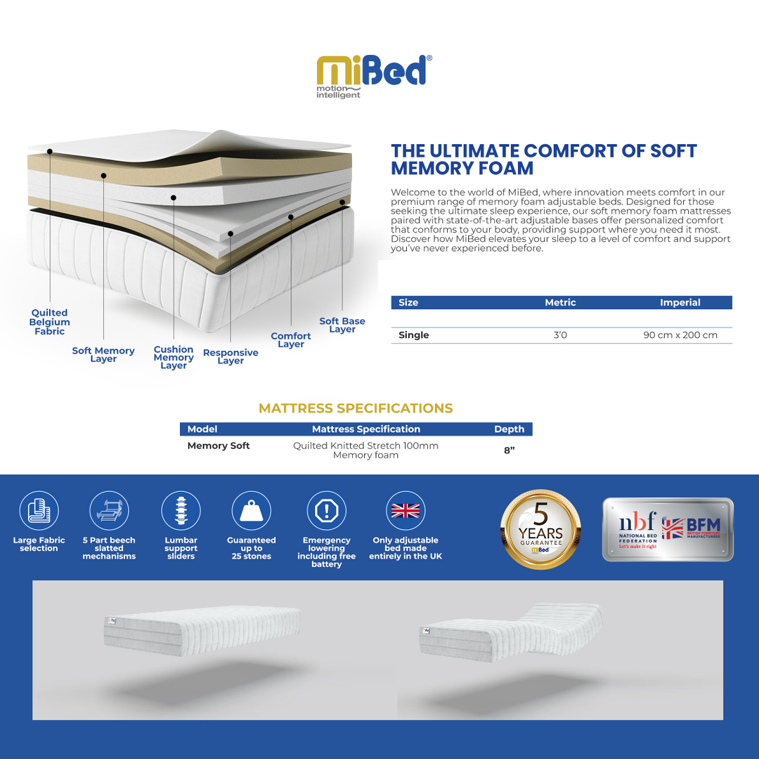 MiBed Memory Foam Adjustable Bed, Mattress & Headboard - 3ft Single - Interior Envy