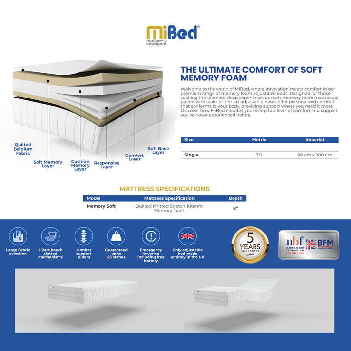 MiBed Memory Foam Adjustable Bed, Mattress & Headboard - 3ft Single - Interior Envy