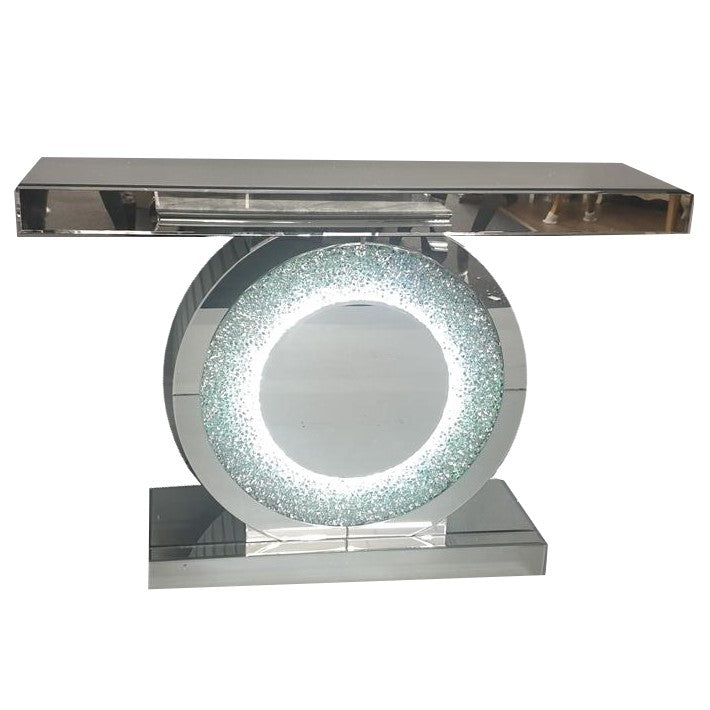 Console Sparkle Table Large Crushed Diamond Mirrored LED Sparkle Console Table | Interior Envy