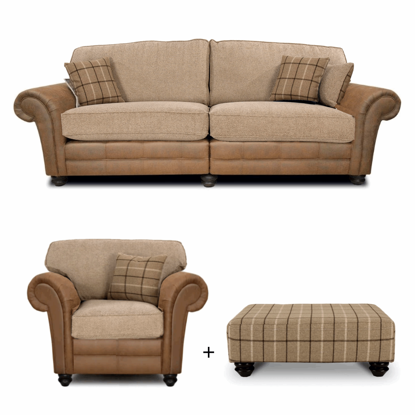 Darwin 4 Seater Sofa Armchair & Designer Footstool Set Classic Back