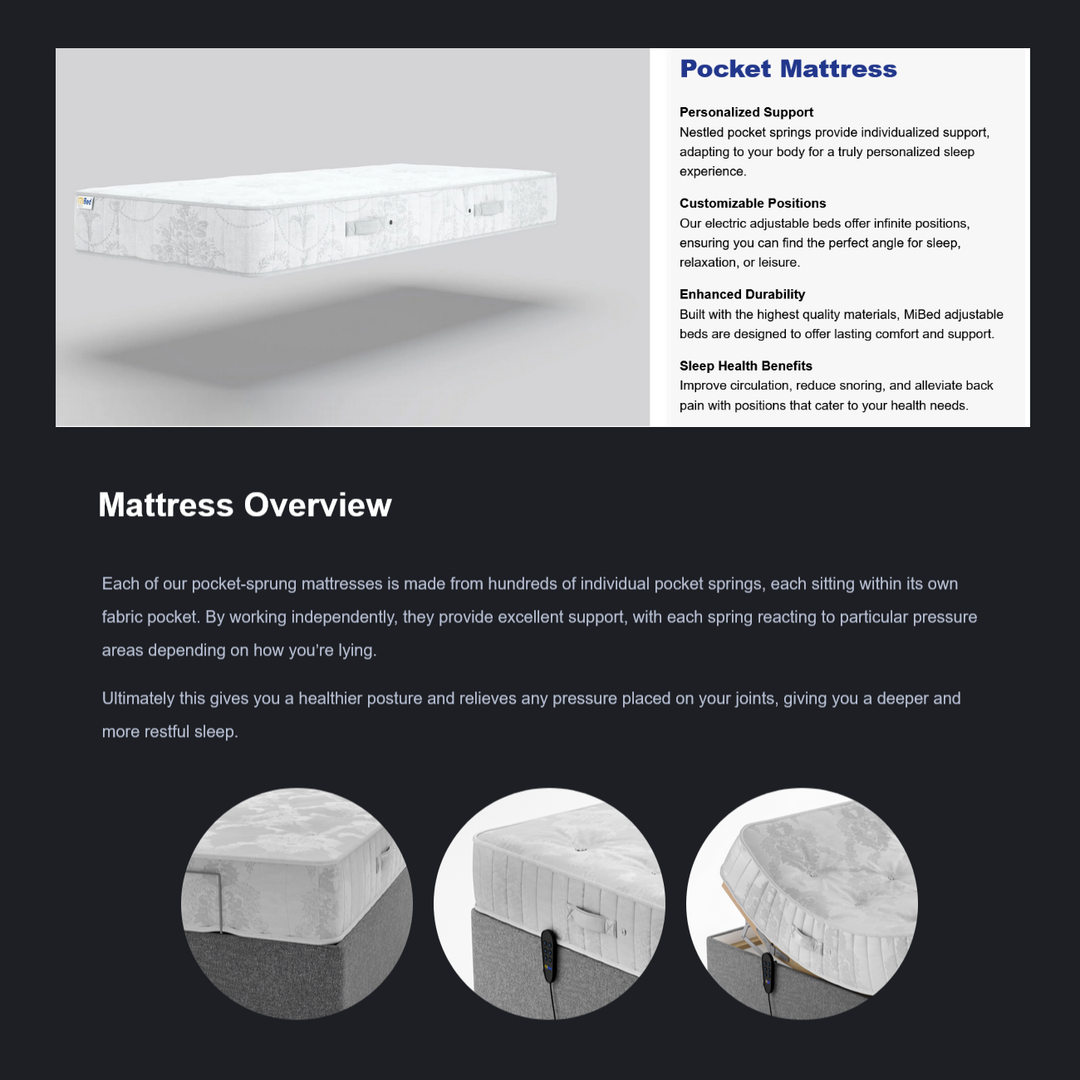 MiBed Pocket Executive Base Adjustable Bed, Mattress & Headboard - 3ft Single - Interior Envy