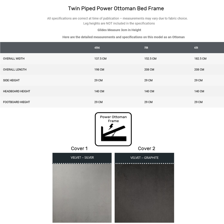 Twin Piped Upholstered Bed Frame - Choice Of Standard, Manual Or Power Ottoman, Sizes & Fabrics