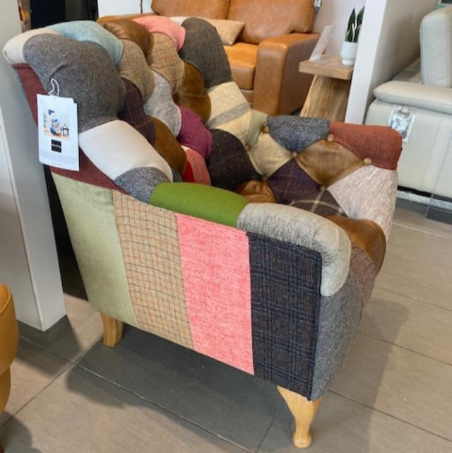 Bamford Club Armchair - Patchwork Fabric & Leather - Interior Envy