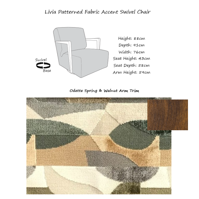 Livia Patterned Fabric Accent Swivel Chair - Choice Of Fabrics & Arm Trim - Interior Envy