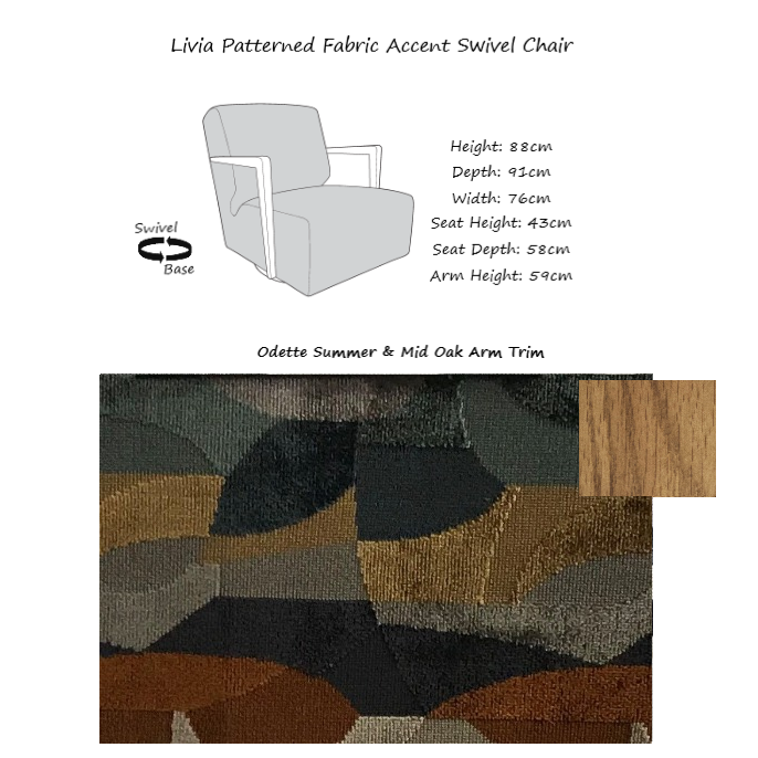 Livia Patterned Fabric Accent Swivel Chair - Choice Of Fabrics & Arm Trim - Interior Envy