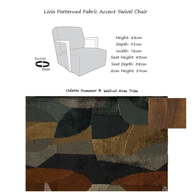 Livia Patterned Fabric Accent Swivel Chair - Choice Of Fabrics & Arm Trim - Interior Envy