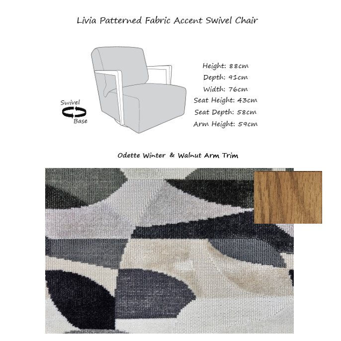 Livia Patterned Fabric Accent Swivel Chair - Choice Of Fabrics & Arm Trim - Interior Envy