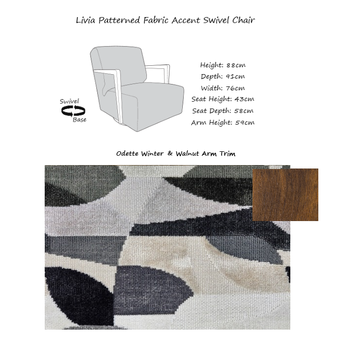 Livia Patterned Fabric Accent Swivel Chair - Choice Of Fabrics & Arm Trim - Interior Envy