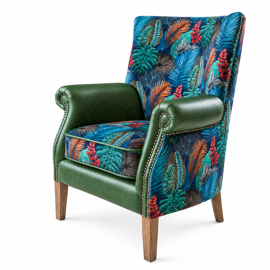 Hexham Chair in Kingfisher Fabric and Bottle Green Leather