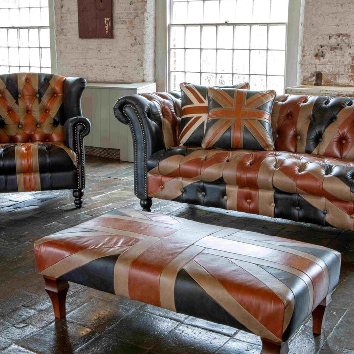 Union Jack Vintage Leather Buttoned Chesterfield Sofa Collection - The Furniture Mega Store 