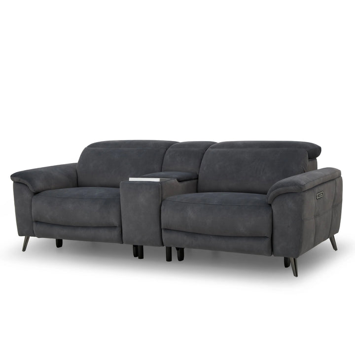 A dark gray two-seater sofa with a center console table and two matching armrests, shown on a plain white background. Interior Envy
