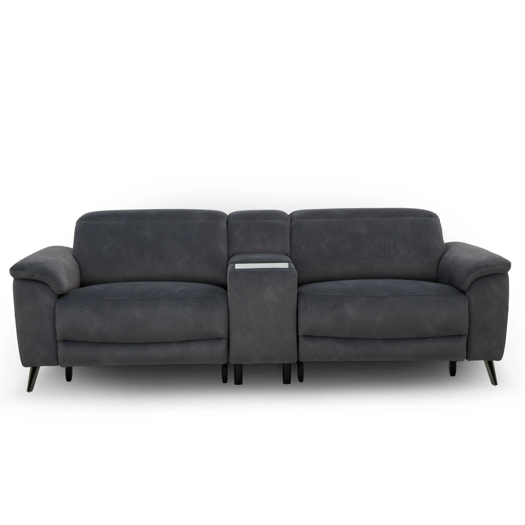 A dark gray three-seat reclining sofa with a center console armrest and a small silver accent strip, shown against a plain white background. Interior Envy