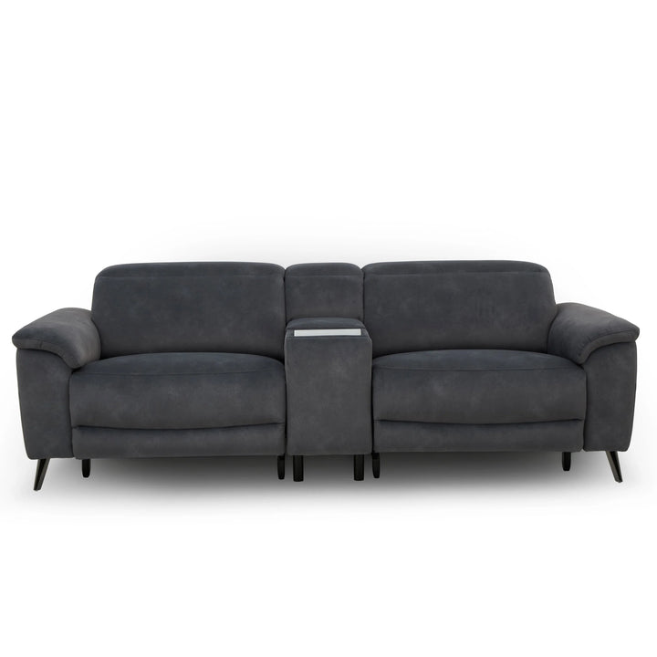 A dark gray three-seat reclining sofa with a center console armrest and a small silver accent strip, shown against a plain white background. Interior Envy