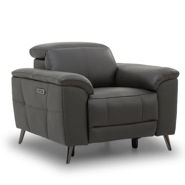 A dark gray leather recliner armchair with a side control panel, shown on a white background with a soft shadow. Interior Envy