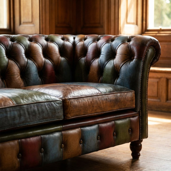 Close-up of the Chester Croft leather patchwork sofa highlighting rich textures and hand-rubbed tones in a warm interior.