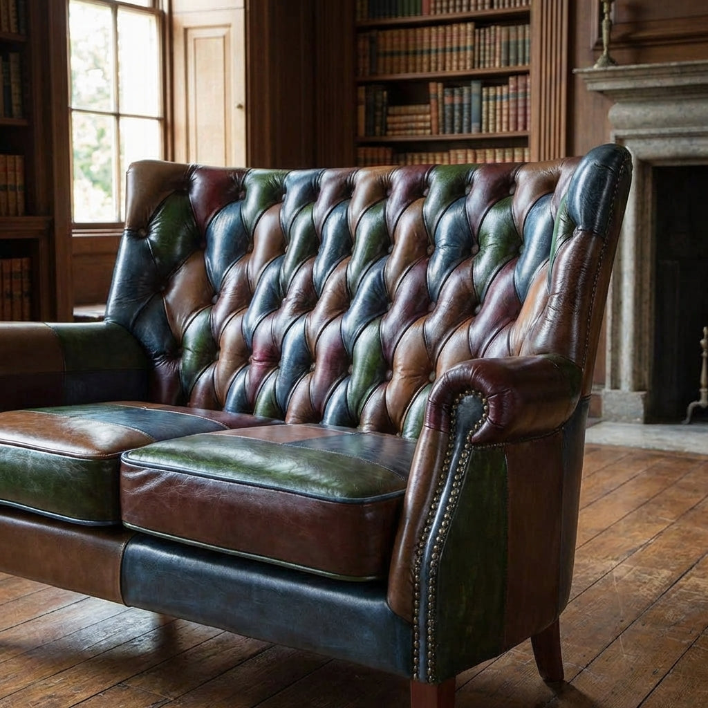 Close-up of Bowes leather patchwork 2 seater sofa highlighting jewel tone panels and tufting details.