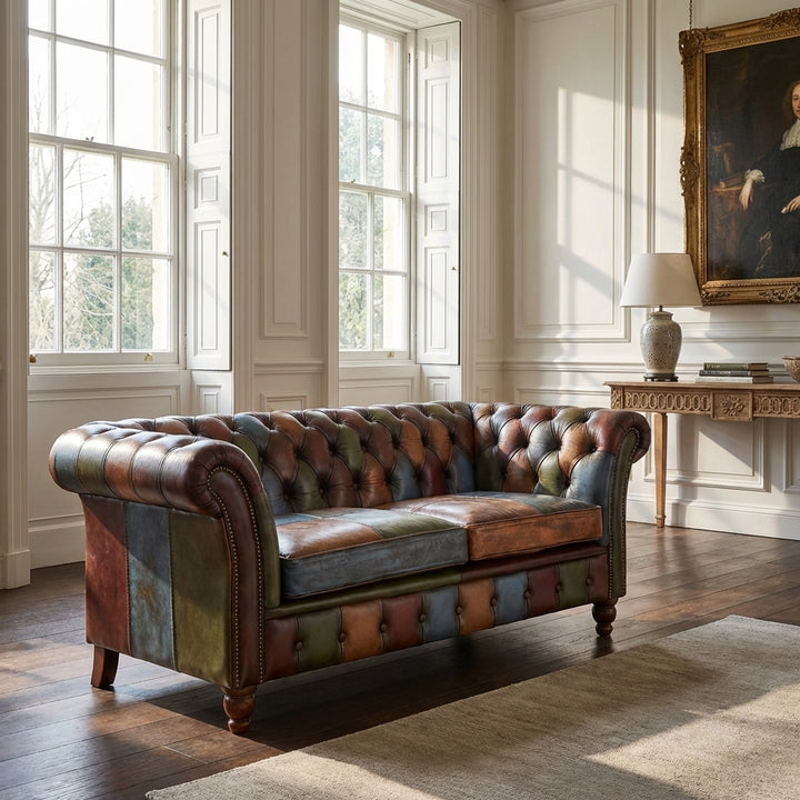 Full view of the Chester Croft 2 seater sofa showing deep-buttoned arms and oak legs in a bright living room setting.