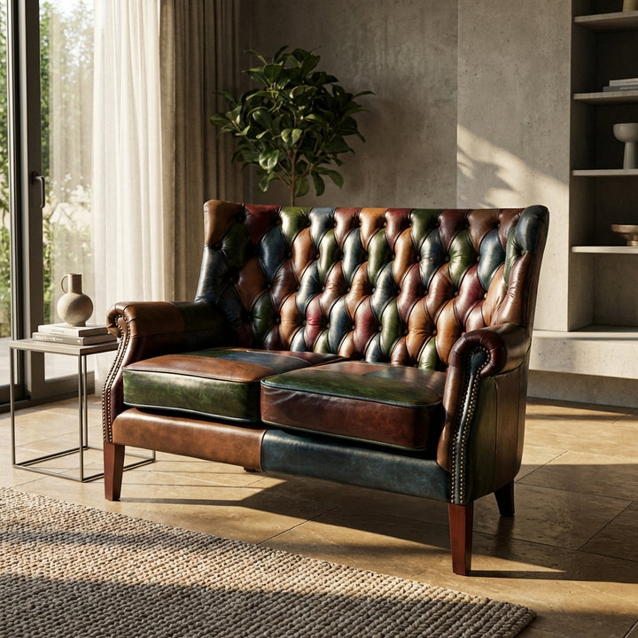 Full view of Bowes 2 seater leather sofa in a modern living room with natural light showcasing proportions and design.