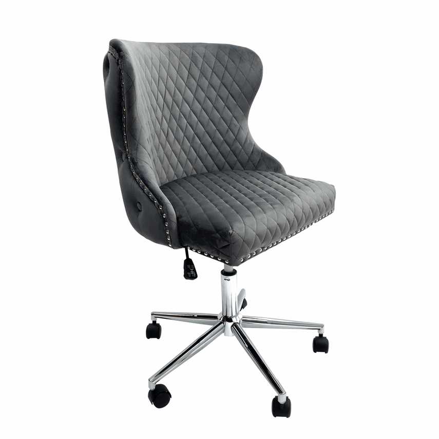 Valentino Grey Velvet - Lion Knocker Back Tufted Office Chair - The Furniture Mega Store 
