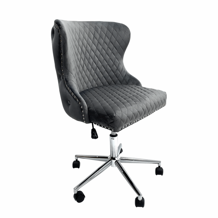 Valentino Grey Velvet - Lion Knocker Back Tufted Office Chair - The Furniture Mega Store 