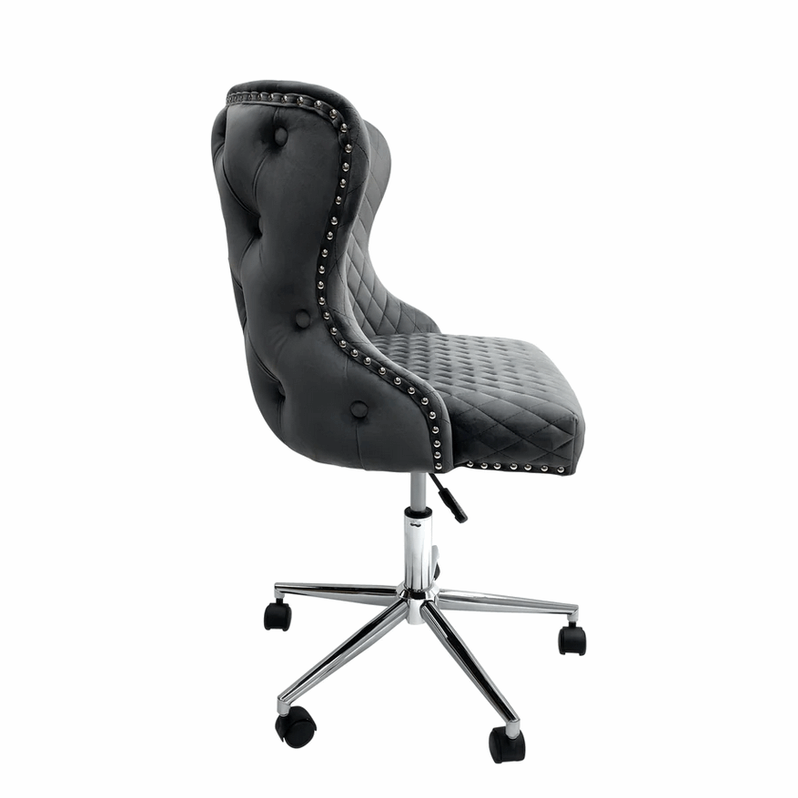 Valentino Grey Velvet - Lion Knocker Back Tufted Office Chair - The Furniture Mega Store 