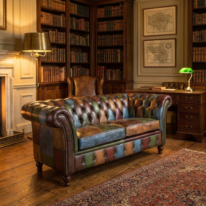 Aged leather Chesterfield sofa in a heritage study with warm ambient lighting, showcasing handcrafted patchwork details.