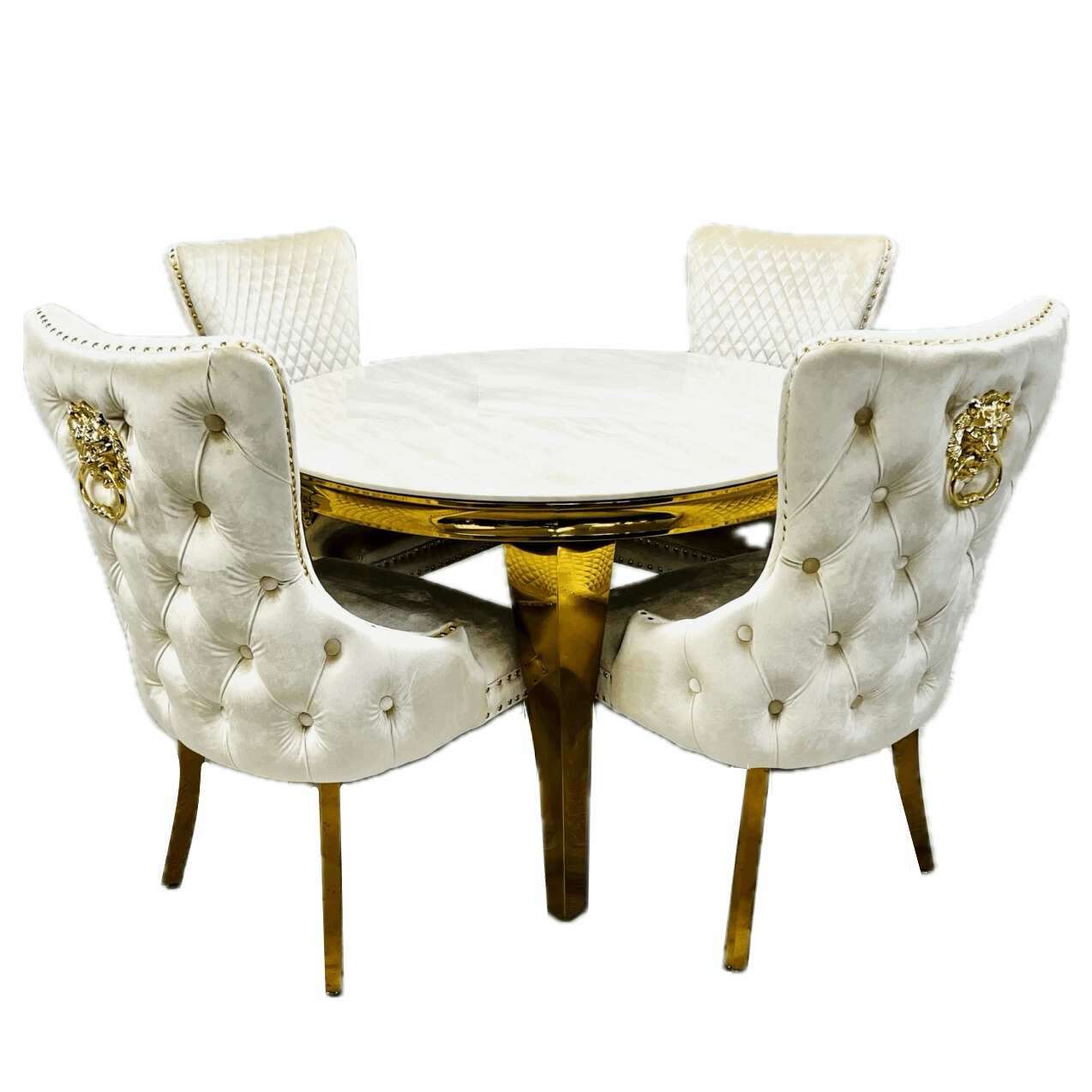 Sophia 1.1m Round Marble & Gold Leg Dining Table & 4 Velvet & Gold Dining Chairs