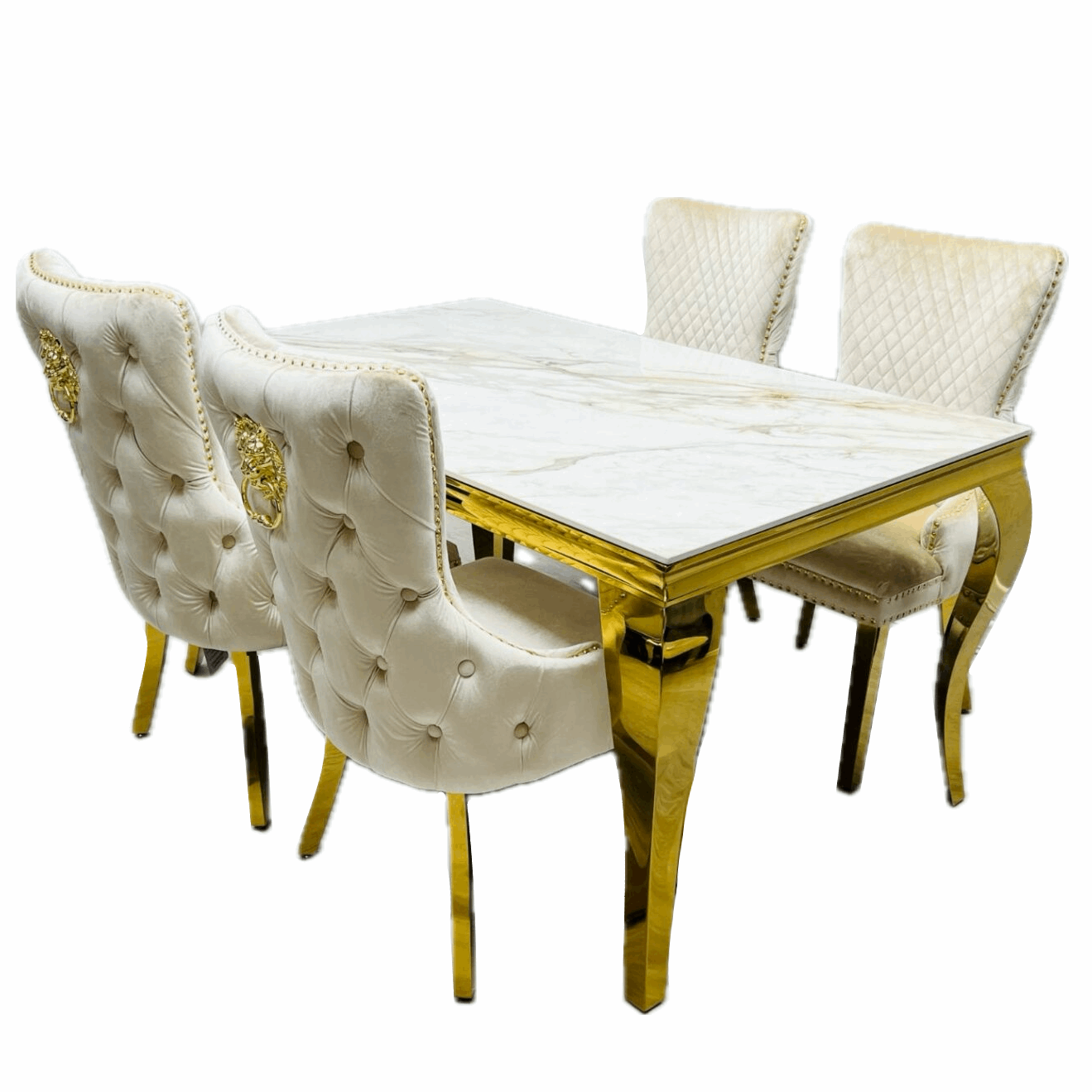 Sophia 1.6m Marble & Gold Leg Dining Table & 4 Velvet & Gold Dining Chairs