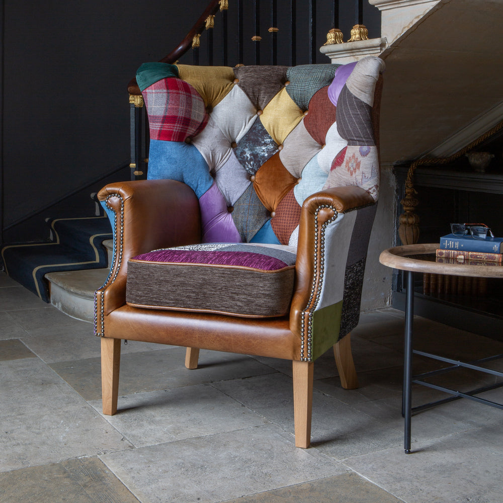Kensington Vintage Leather, Moon Wool & Harris Tweed Patchwork Chesterfield Wing Back Chair - Interior Envy