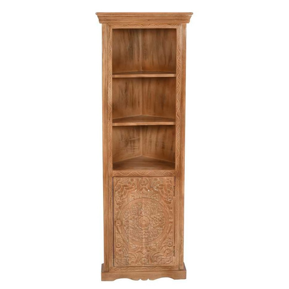 Carved Mango Wood Corner Bookcase Cupboard