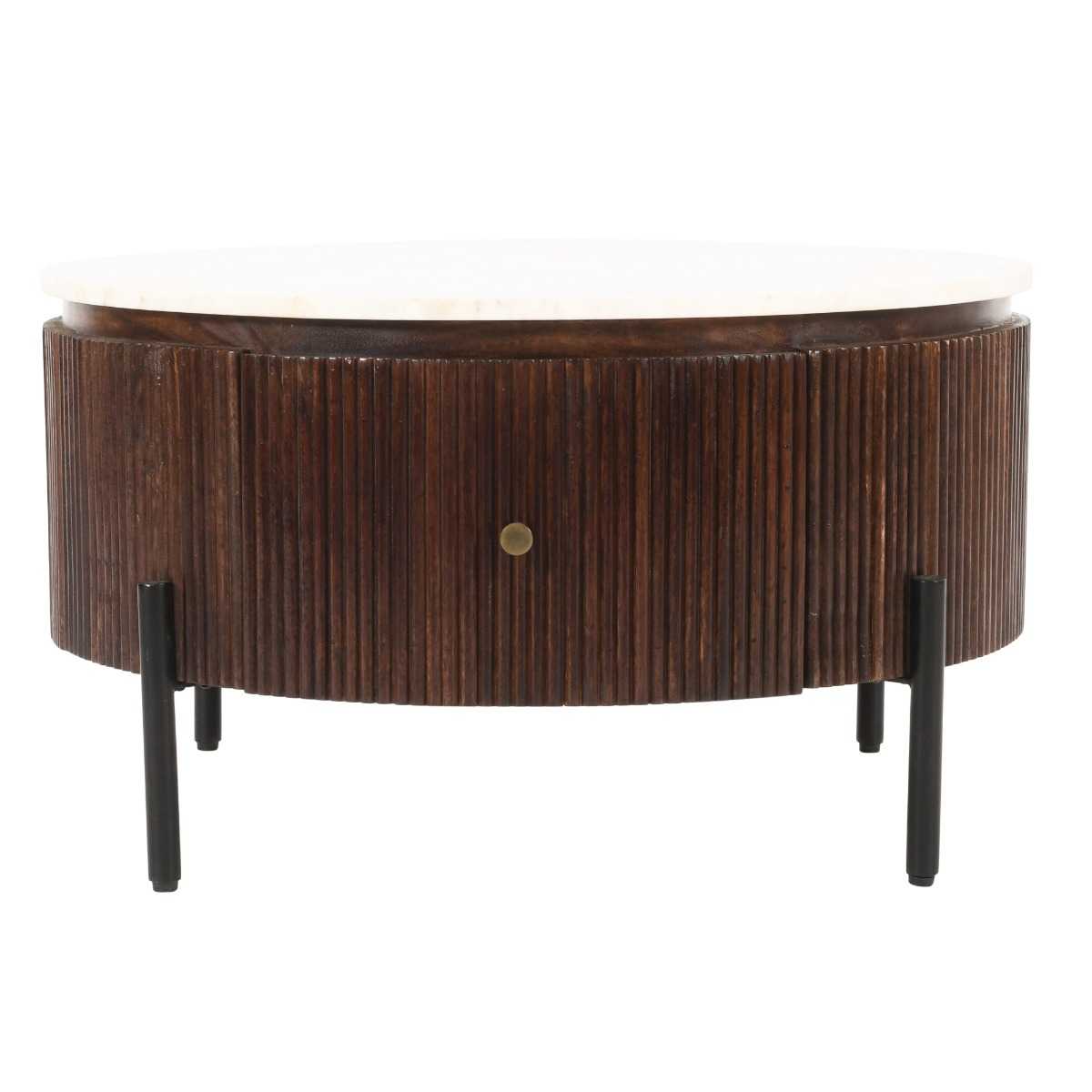 Opal Fluted Mango Wood & Marble Top 1 Drawer Round Coffee Table 80cm