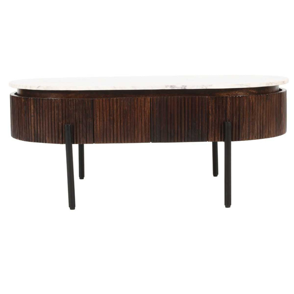 Opal Fluted Mango Wood & Marble Top 2 Drawer Oval Coffee Table 110cm