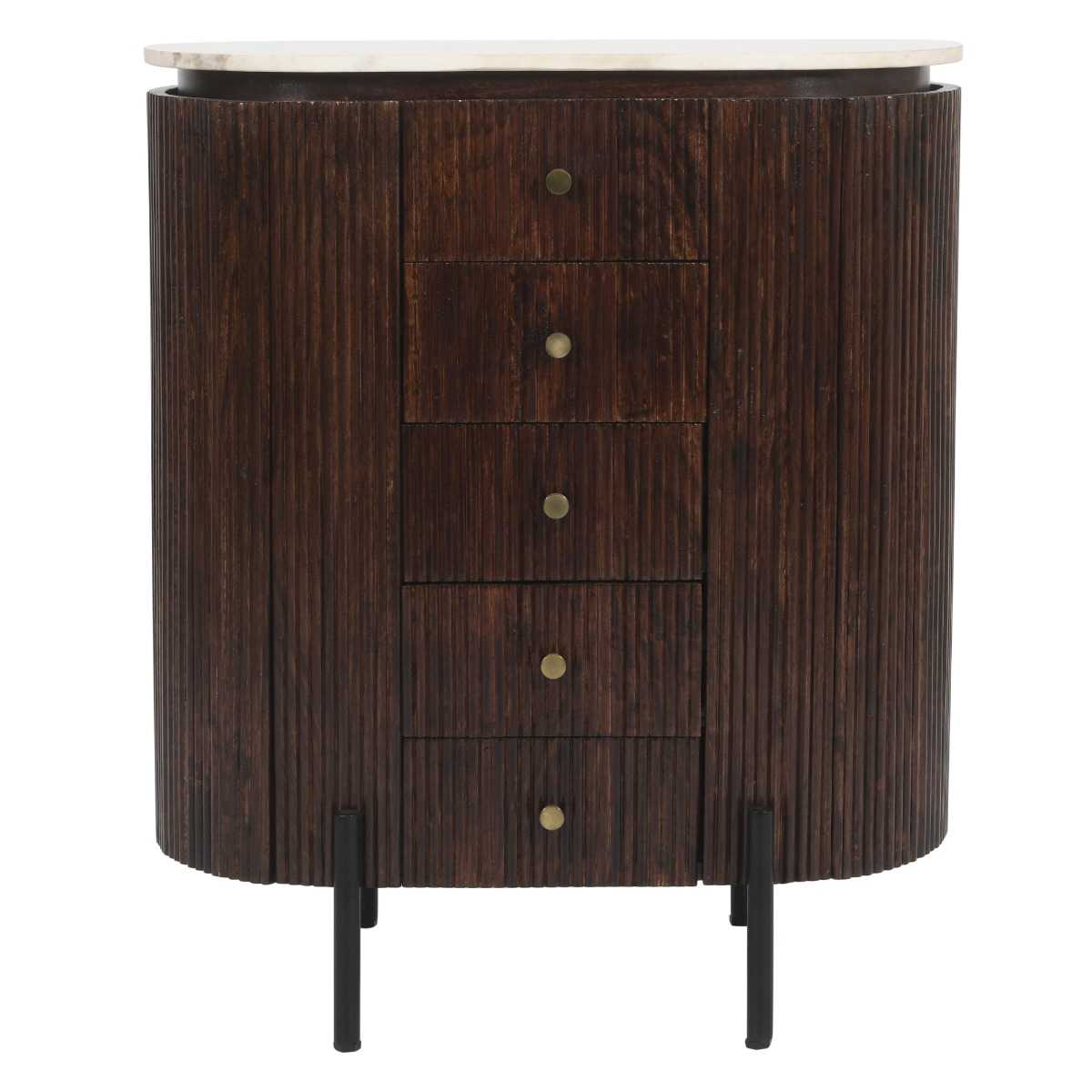 Opal Fluted Mango Wood & Marble Top Wide Chest 5 Drawers