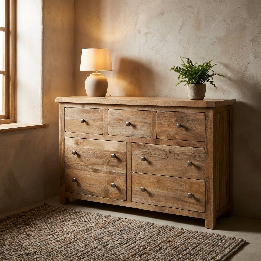 Full view of Odisha Mango Wood 7 Drawer Chest in a rustic bedroom setting showing sturdy structure and iron knobs.