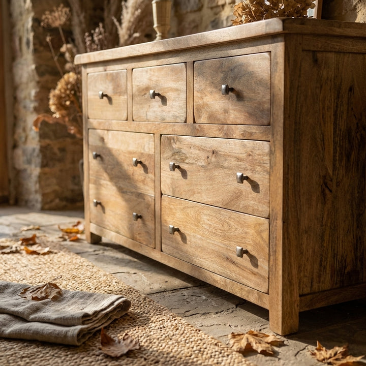 Artistic angled view of Odisha Mango Wood 7 Drawer Chest emphasizing chunky build and distressed surface.