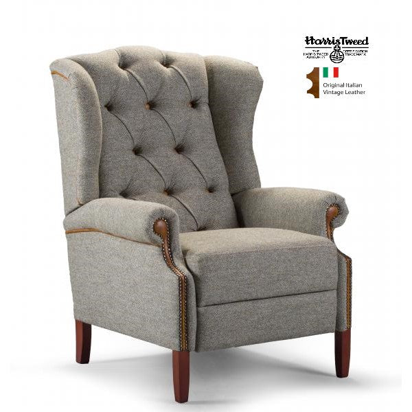 Walter Harris Tweed & Vintage Leather Reclining Wing Back Occasional Chair