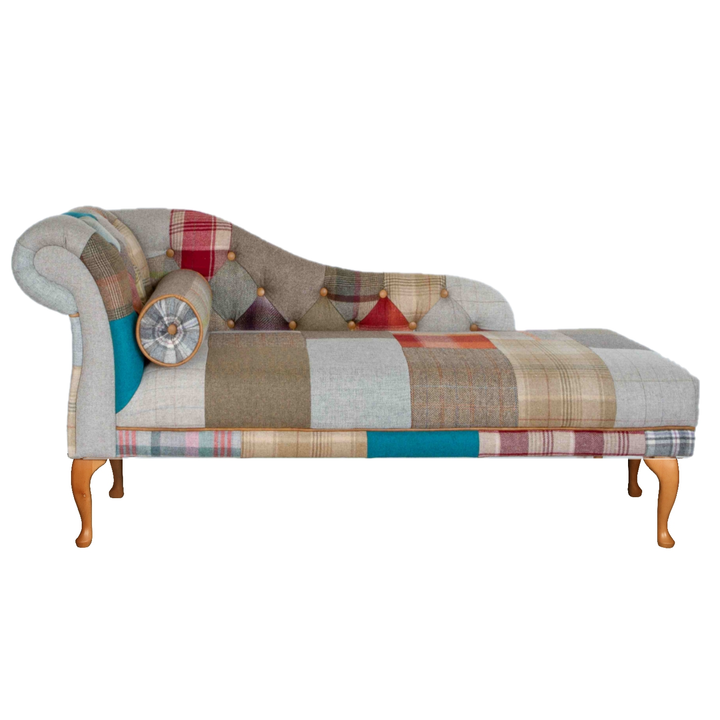 Vintage Leather, Harris Tweed & Moon Wool Patchwork Button Back Chaise Lounge - Interior Envy