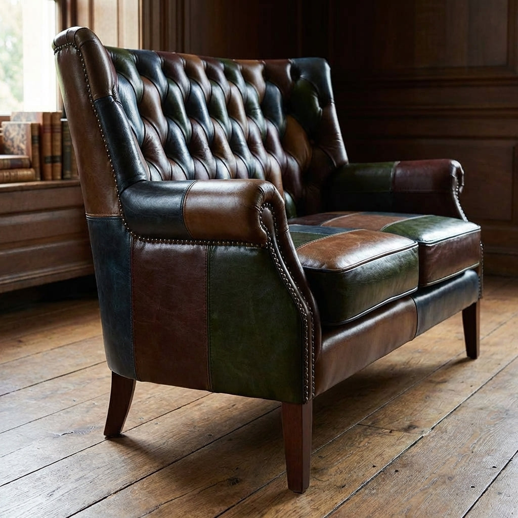 Side angle of Bowes leather sofa highlighting walnut finish legs and patchwork craftsmanship.