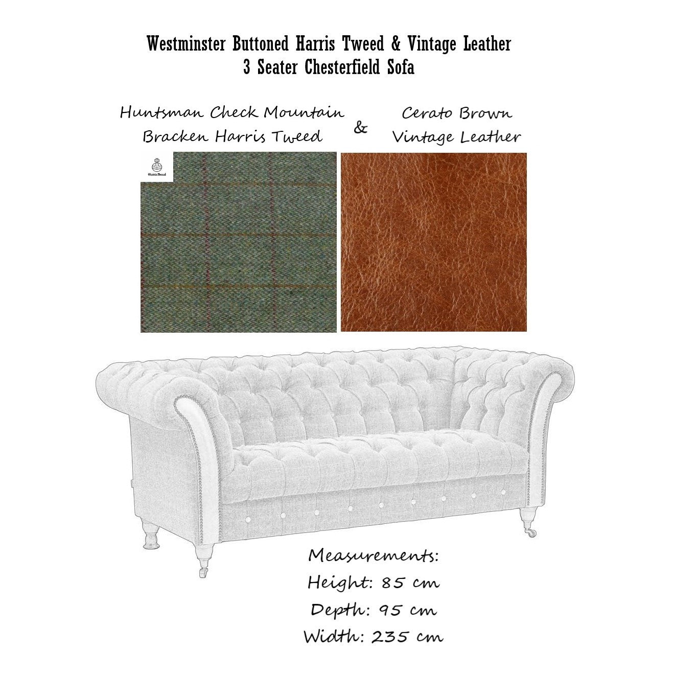 Westminster Buttoned Harris Tweed & Vintage Leather Chesterfield Sofa ...